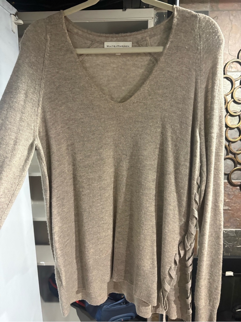 White + Warren Taupe Lace-Up Side V-Neck Knit Top